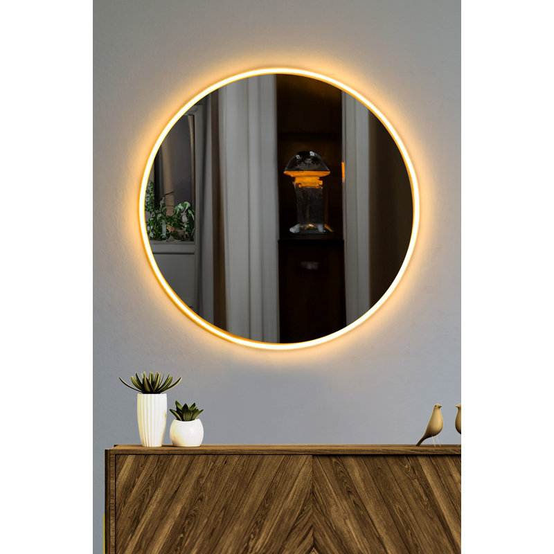 Miroir moderne à DEL avec design incassable et incassable, 23,6 po de diamètre | Miroir en acrylique de 5 mm d'épaisseur avec envers en panneau de fibres à densité moyenne | Rayures jaunes néon, sortie 12 V | Idéal pour les salles de bain et les espaces de coiffeuse contemporains