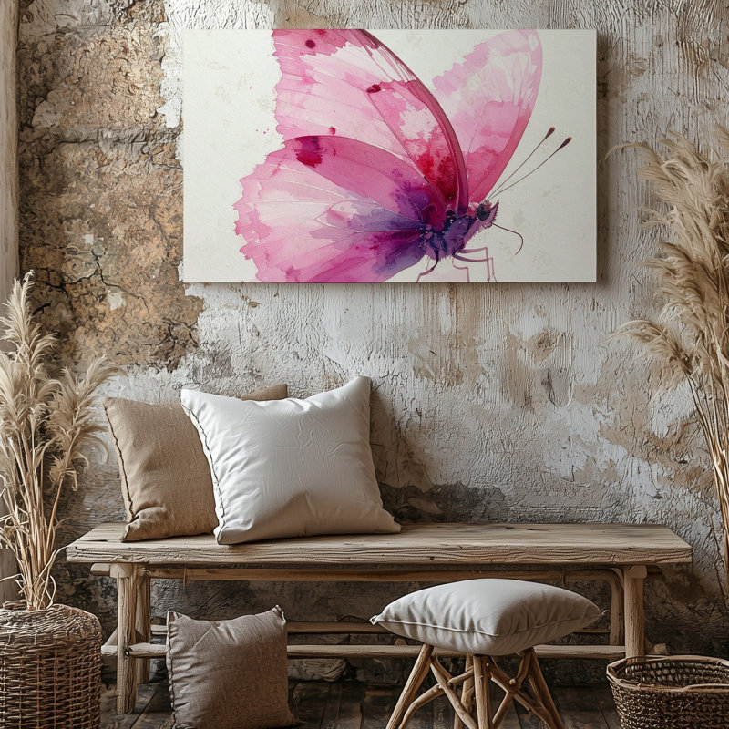 Sur toile, reproduction de peinture à l'aquarelle délicate d'un papillon rose sur fond blanc, H 9 po x l 12 po