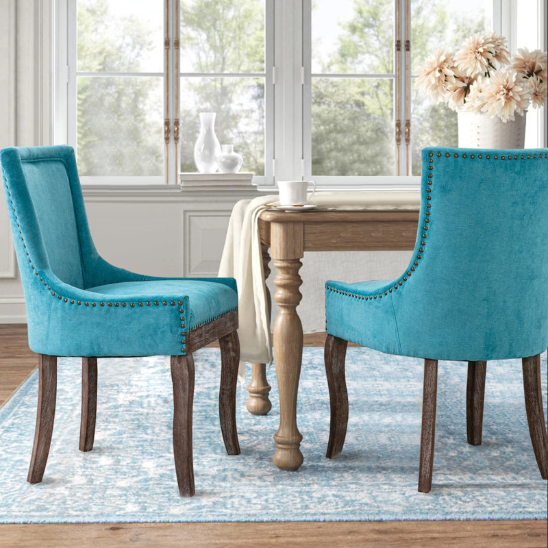 Bronze Nail Head Upholstered Side Dining Chair, Blue
