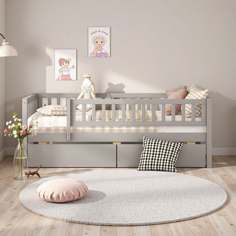 Lit de jour simple gris avec tiroirs de rangement - Structure en bois massif, conception peu encombrante, Gris, Lit simple