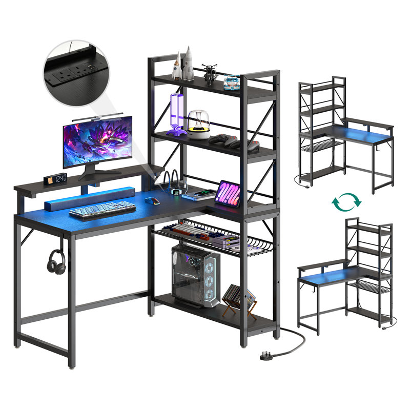 Darnecia L-Shaped Computer Desk with Power Outlet, Black