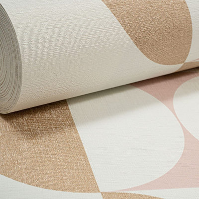 Club Botanique Retro White Pink Gold Circles Graphic - Textured Wallpaper - Thick Heavy Duty Solid Geometric - Paste The Wall Wallpaper For Living Room Bedroom Kitchen Office Space