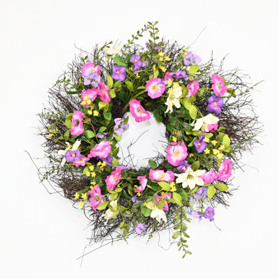 22" Artificial Farmhouse Twig Greenery Foliage Blossom Cluster Wildflower Poppy Spring Summer Front Door Wreath