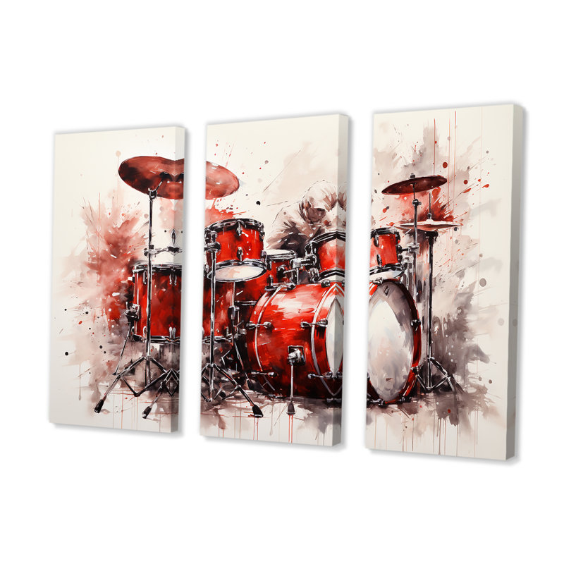 Music Drums Pulse Deep Red - ensemble d'art mural sur toile, H 28 po x l 36 po x P 1 po