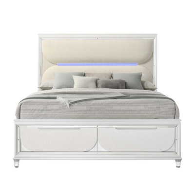 Très grand lit Tarian avec DEL et rangement, boucle blanche et finition blanc perle