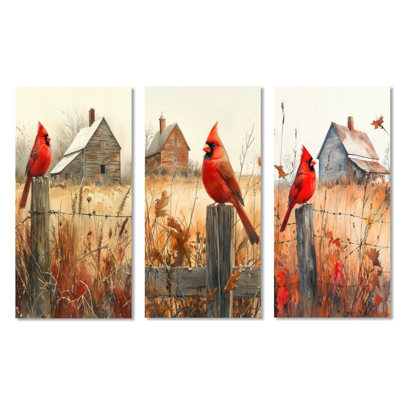 «Cardinal Bird» par la ferme I - oiseaux, impression murale en métal 3 pièces, H 40 po x l 60 po
