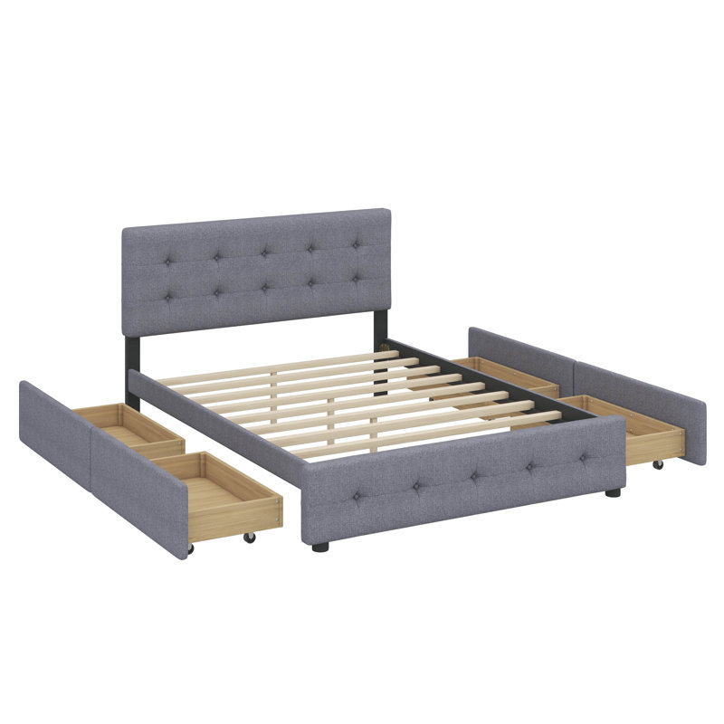 Lit plateforme tapissier avec tête de lit intemporelle et quatre tiroirs, Gris