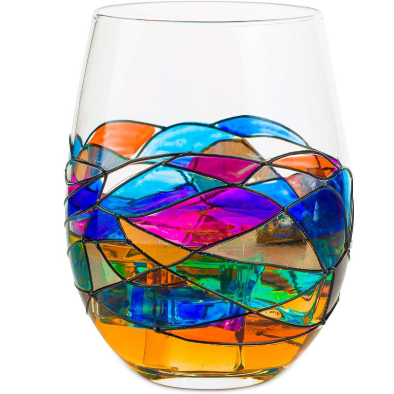 Artisanal Hand-Painted Multicolor Glass Decanter Set with Wooden Base