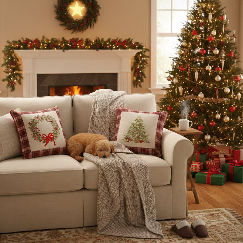 Ensemble de 2 coussins décoratifs couronne de Noël et arbre de Noël