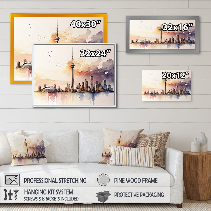 " Toronto Skyline VII ", Black Picture Framed Canvas, 20" W x 12" H