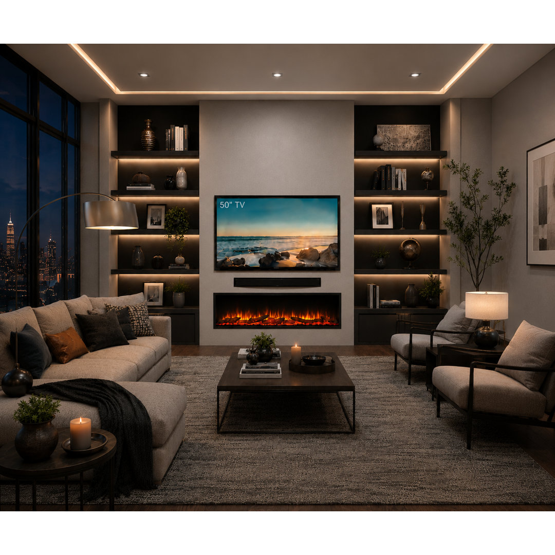 FLAMME 50"/127cm Castello Slim Frame Recessed Media Wall Inset Electric Fireplace with Multi Flame Colours 750W/1500W - Image 2