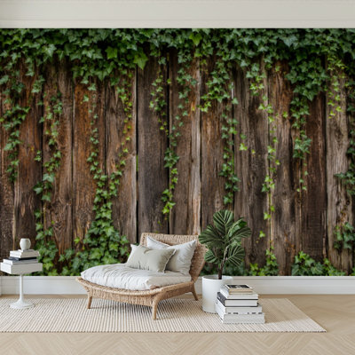 Wall Mural Peel and Stick Wallpaper Wooden Fence Green Ivy Vines Growing Across Panels Self-Adhesive Removable Contact Paper Wall Decor for Living Room Bedroom 100"H x 144"W
