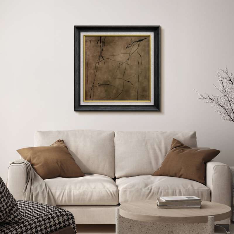 «Earthy Tones», art abstrait linéaire sur toile, H 26 po x l 26 po x P 1,5 po, Cadre noir de qualité supérieure
