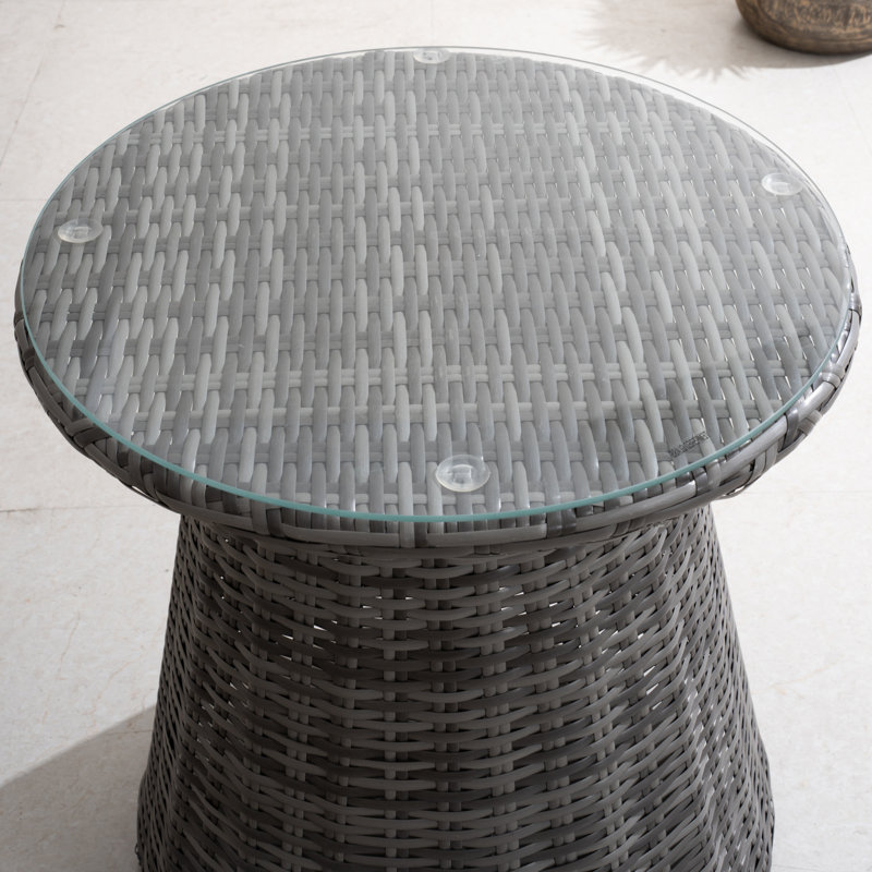 Round Aluminum Wicker Side Table With Glass Top â€“ (21.65" Diameter X 23.62" H), Gray