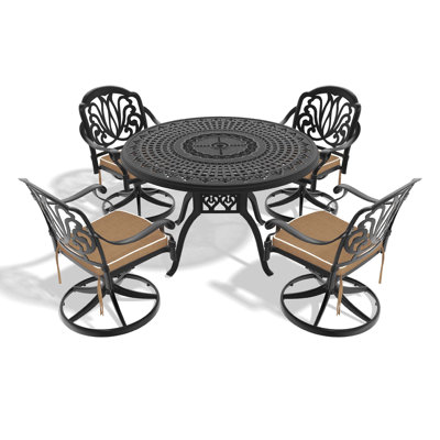 Ensemble de salle à manger 5 pièces en fonte d'aluminium avec structure noire, comprenant 4 chaises pivotantes et une table ronde de 47,24 pouces
