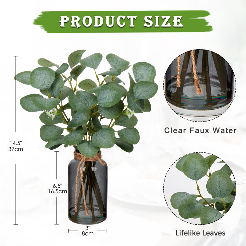 14" Frosted Green Eucalyptus Stems in Black Glass Vase