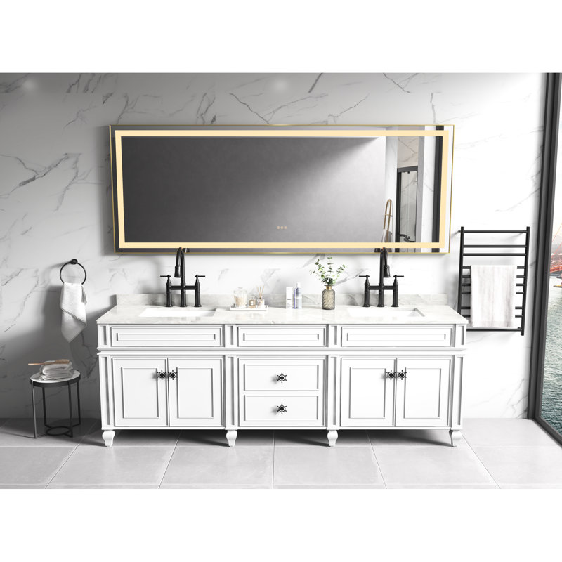 Miroir de salle de bain 118 "x 36" avec cadre en aluminium, fixation murale, brouillard, 3 options de couleur, gradation continue, réflexion non faussée, fonction de brouillard doré brossé, modes, verre,