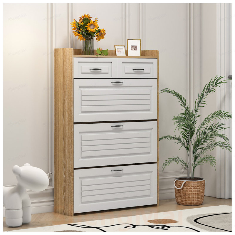 Armoire à chaussures spacieuse à 3 portes et 2 tiroirs avec tablettes rotatives pour un rangement efficace et une protection contre la poussière