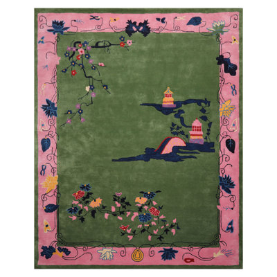 Green Hand Tufted Pictorial Area Rug Multi Sizes Chinese Art Deco