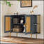Élégante armoire de salle à manger courbée avec bordure dorée et portes en rotin tissé-1238785977