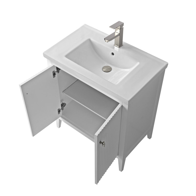 Meuble-lavabo simple pour la salle de bain avec plateau en céramique, Blanc linéaire, Nickel brossé, 30"