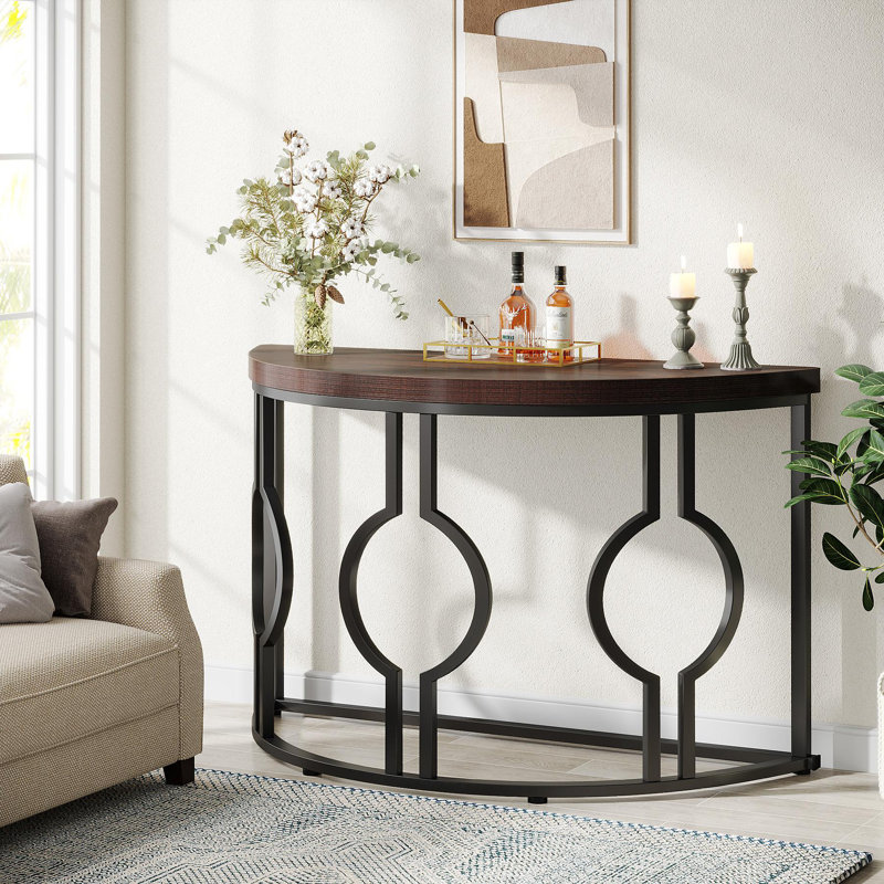 Console demi-lune pour le hall d'entrée, canapé industriel semi-circulaire de 43 pouces avec base géométrique, table d'appoint en bois pour le salon, le couloir, le vestibule, l'entrée, brun rustique