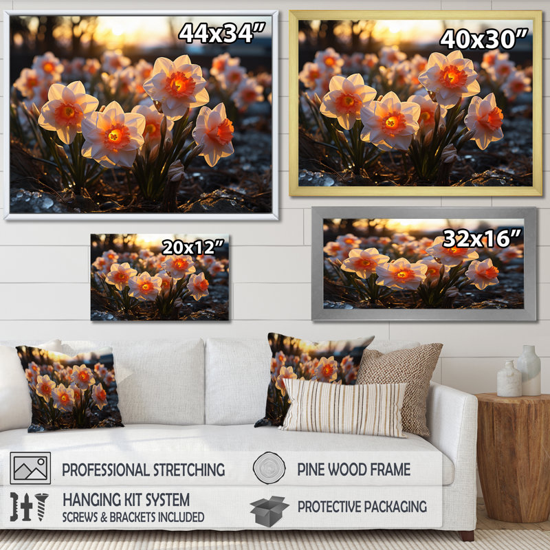 Daffodils Field Sunrise IV - Floral Wall Art Living Room, H 34 po x l 44 po x P 1,5 po, Cadre flottant noir