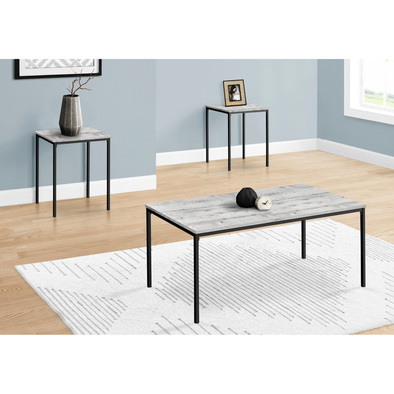 Table moderne 3 pièces avec plateaux en stratifié gris et structure élégante en métal noir, style contemporain, 3 aimants