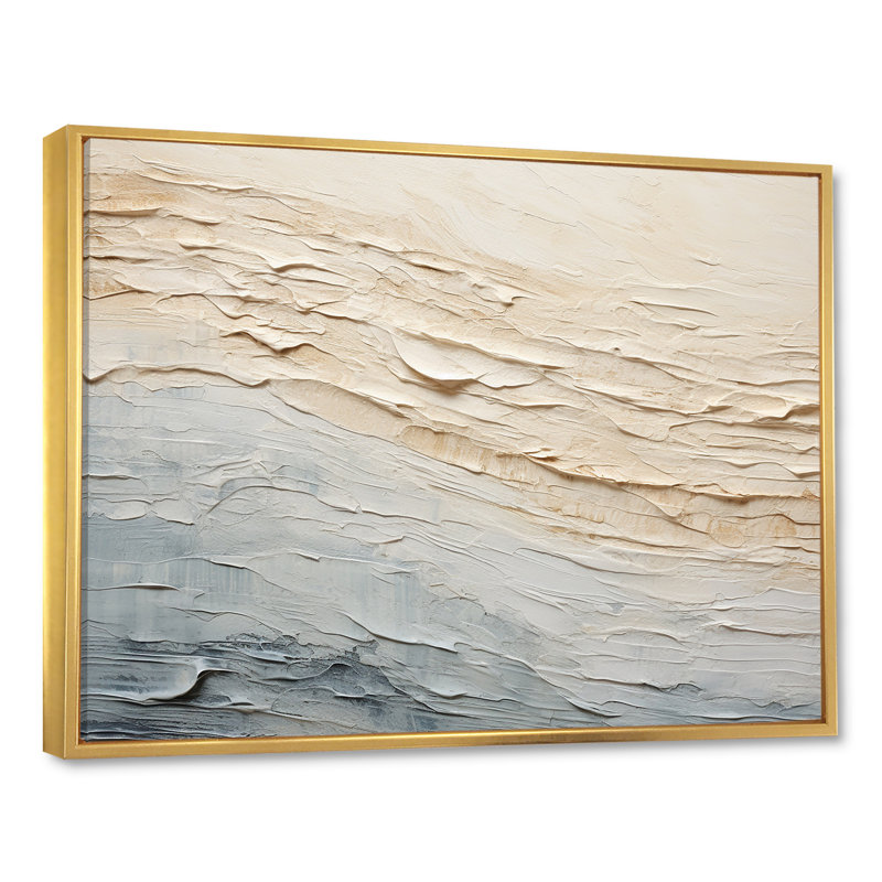 Décoration murale moderne bord de mer beige et gris I - Océan côtier, Cadre flottant doré, H 24 po x l 32 po x P 1 po