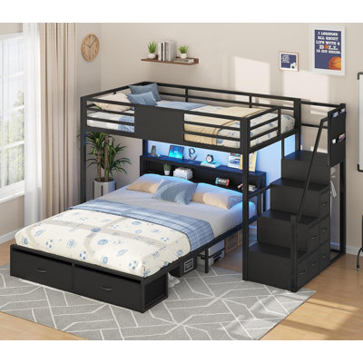 Twin Over Full Bunk Bed with Storage Stairs, 8 Drawers, Storage Headboard with Charging Station,  Black