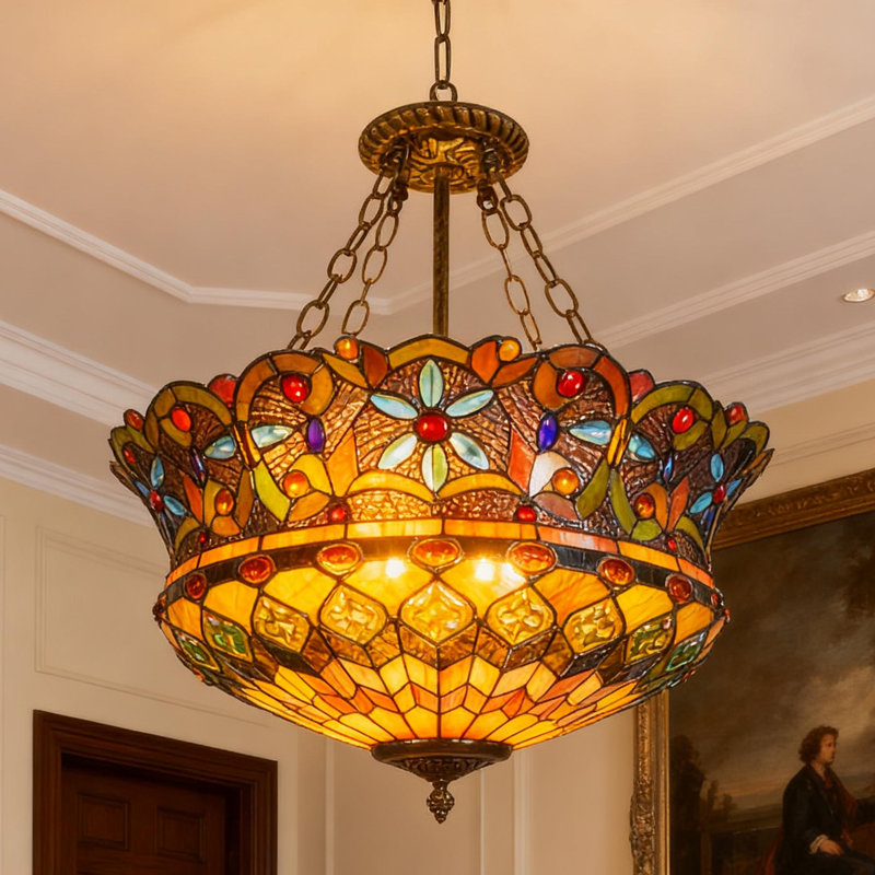 Lustre en verre coloré 5 lumières à intensité variable de style Tiffany, semi-encastré