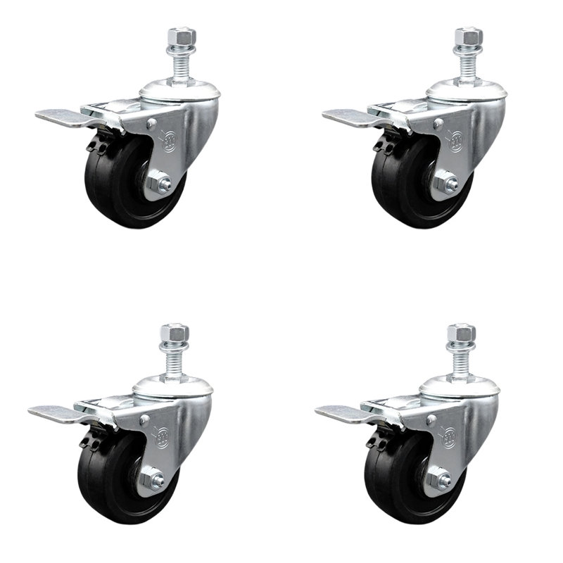 Ensemble de roulettes à tige filetée en caoutchouc souple de 3 po en acier inoxydable de 3/8 po