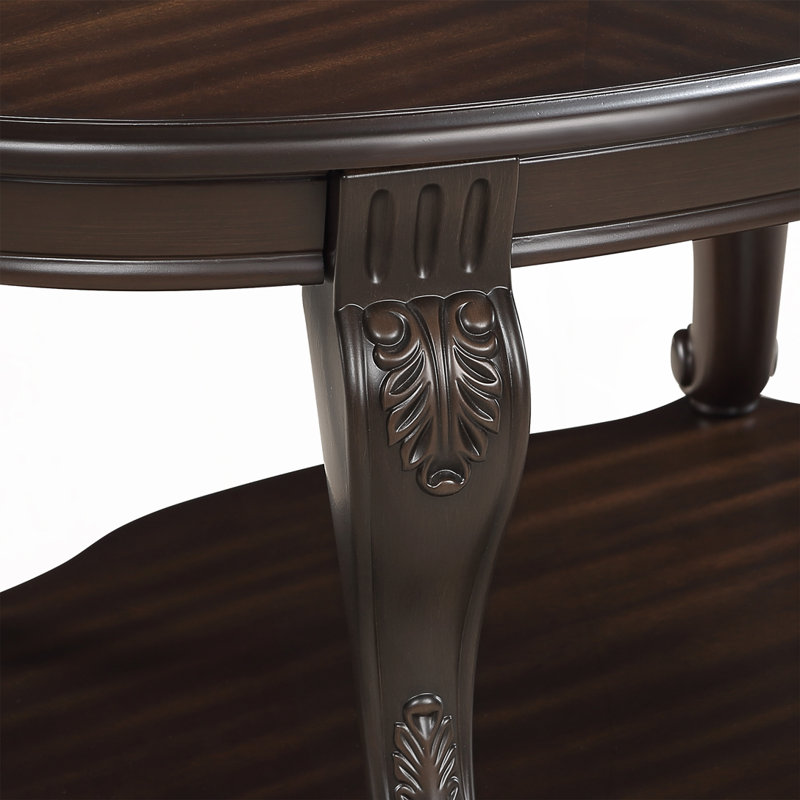 Table de bout ronde en bois massif avec tablette, Espresso