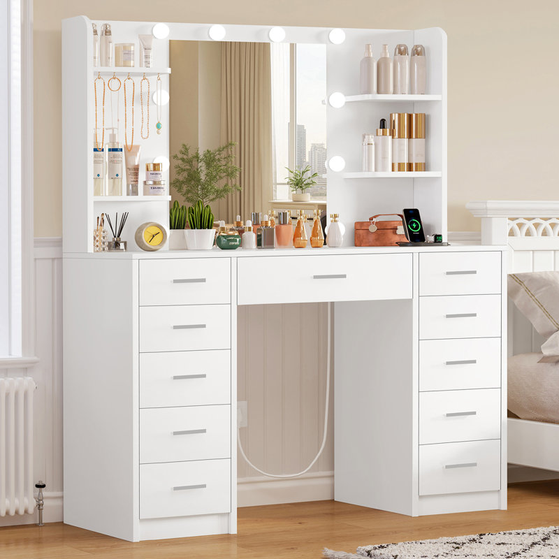 Large Dressing Table with LED Lighting and Sockets, Vanity Desk with Mirror, Drawers, Storage Shelves and Jewellery Hooks, Vanity for Bedroom, White