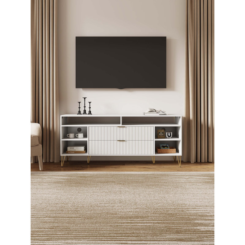 DUMBO 63" Mid-Century Modern TV Stand with 6 Shelves and 2 Drawers, White