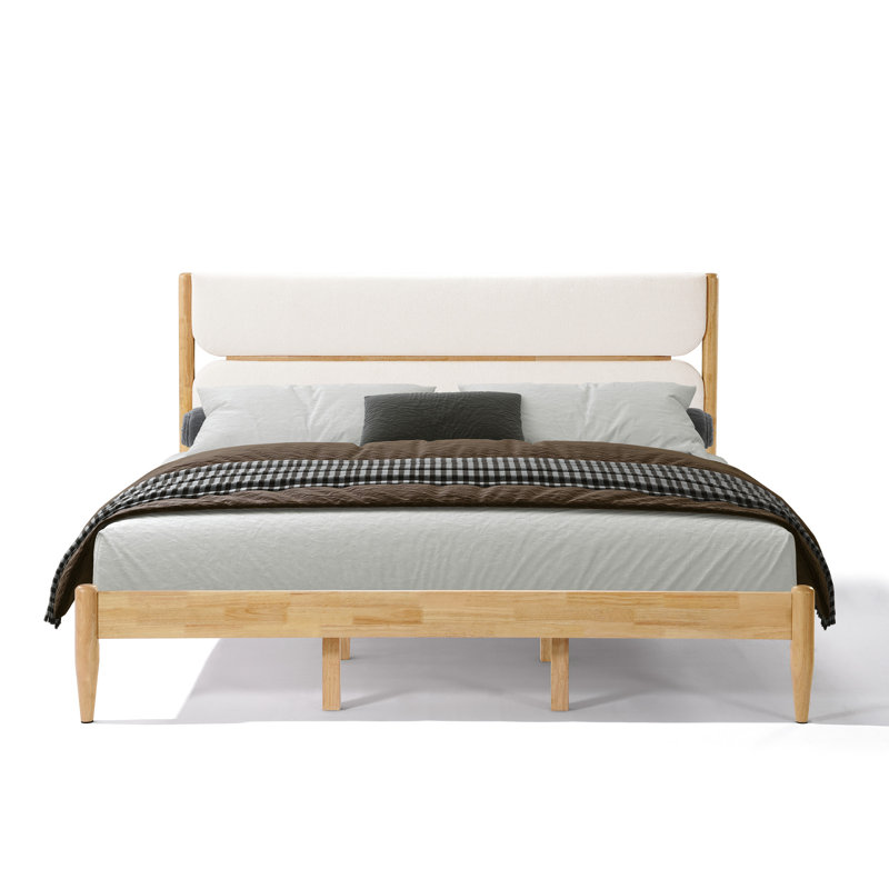 King Size Bed Frame With Fleece Upholstered Headboard, Rubber Wood Structure, 47.5 - Inch High Supportive Slats For Mattress Solid Frame, Side Panels, Tapered Legs Support And Bedroom Style