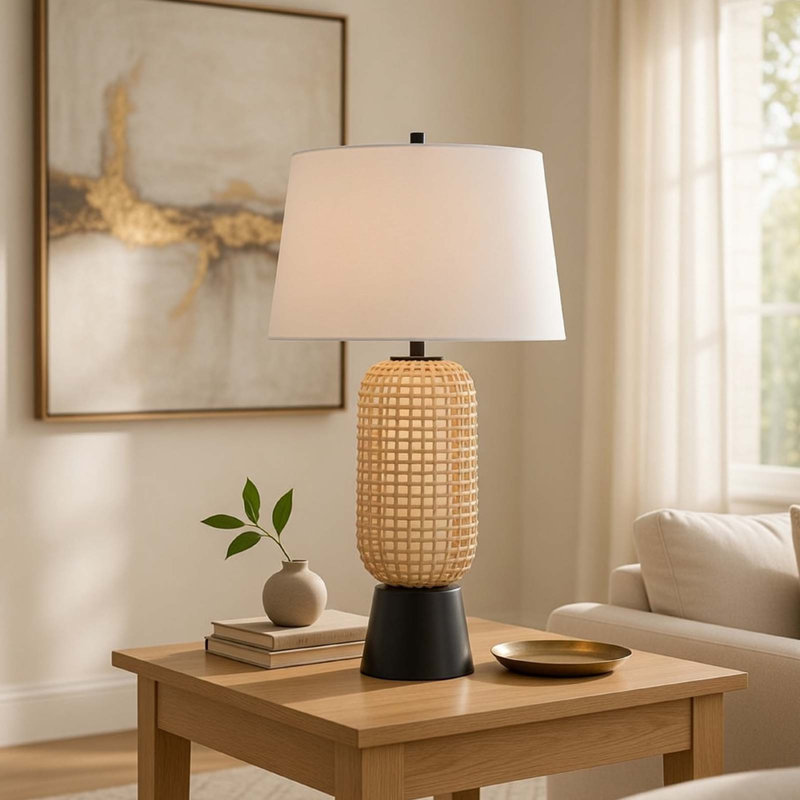 Table Lamp with LED Light, White Shade, Modern Brown Wicker, 30 Inch