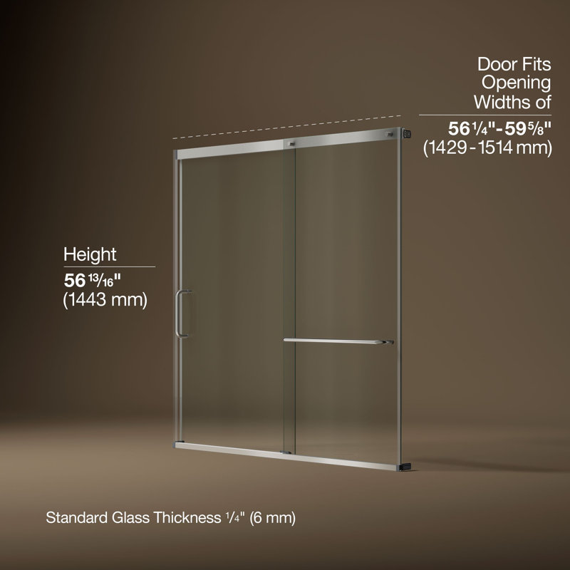 Elate Sliding Bath Door, 56-3/4-In H X 56-1/4 - 59-5/8-In W, With 1/4-In Thick Crystal Clear Glass, Nickel/Clear