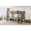 Lit mezzanine double en métal avec escalier, table de rangement basse et tablettes de rangement, idéal pour créer des espaces de chambre fonctionnels et peu encombrants