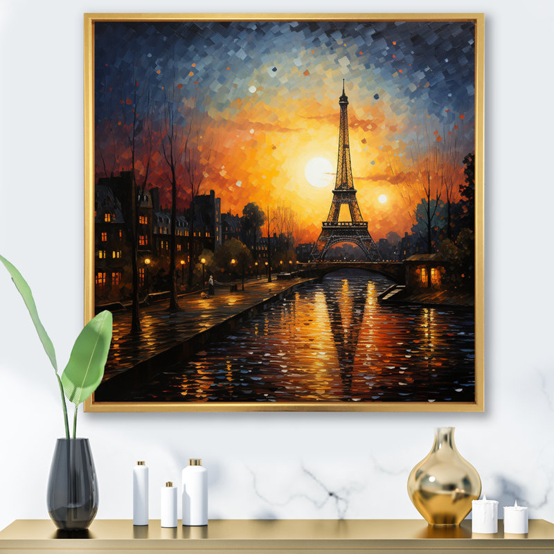 Coucher de soleil français à Paris - reproduction, H 16 po x l 16 po x P 1 po, Cadre flottant doré
