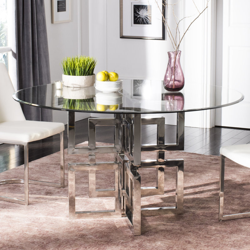 Harlan Round Glass Top Metal Base Dining Table, 29.5" H x 54" L x 54" W