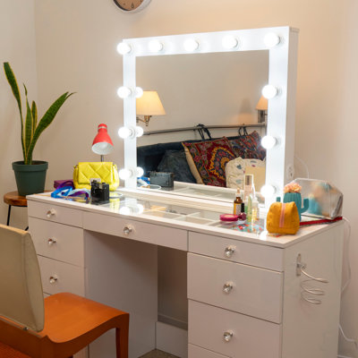 Boahaus Zoey Vanity Desk with Large Frameless Mirror – 11 Drawer Makeup Station with Glass Top & Jewellery Divider