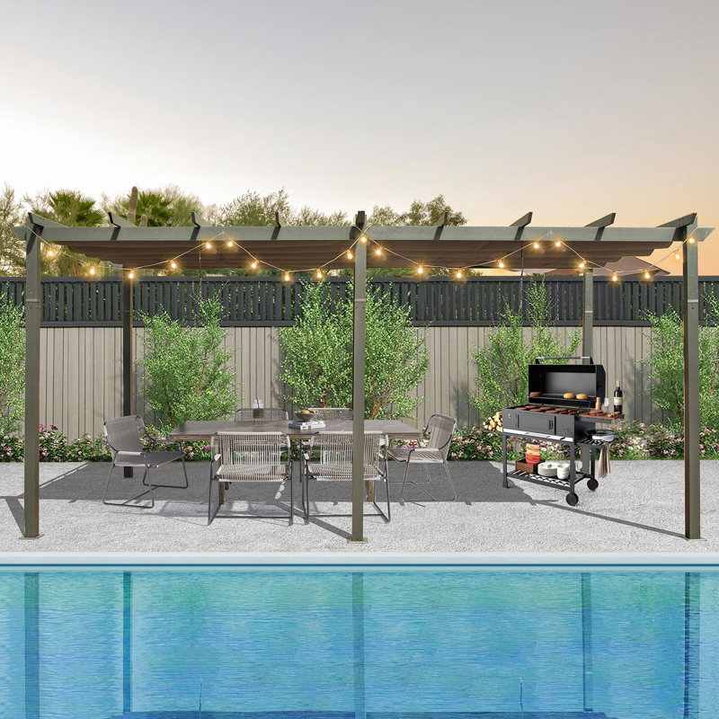 Pergola rétractable d'extérieur 11 x 20 pi - Gris foncé Structure en aluminium robuste, auvent. Tissu décoloré. Direction réglable du pavillon. Installation facile. Convient à la cour, à la piscine par temps gris et gris. Deux