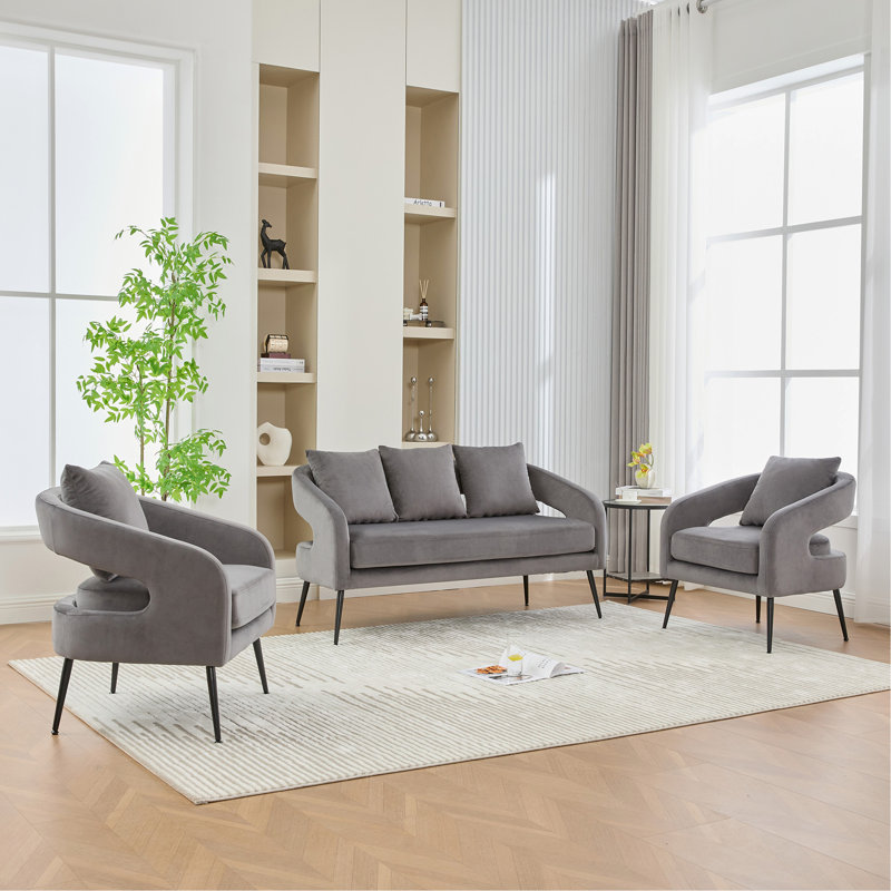 3-Piece Upholstered Velvet Small Living Room Furniture Set With Metal Legs, Open Back Conversation Set For Living Room/Bedroom/Balcony/Office/Reception/Apartment,Charcoal, Loveseat & 2 Accent Chair