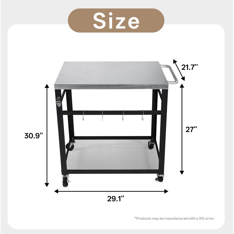 2-Tier Outdoor Grill Cart With Stainless Steel Top, Locking Wheels & Tool Hooks, Movable BBQ Prep Table With Mesh Shelf, Rolling Serving Bar Cart For Patio, Backyard, Pizza Oven Stand, Black