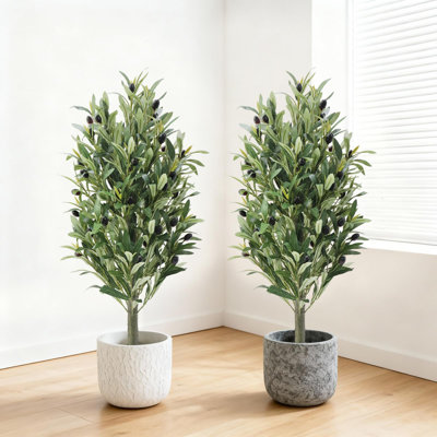 Paquet de 2 oliviers artificiels avec piquet de sol, plantes artificielles de 90 cm de hauteur, conifère artificiel résistant aux rayons UV pour la décoration intérieure et extérieure, le bureau, le hall d'entrée et le jardin