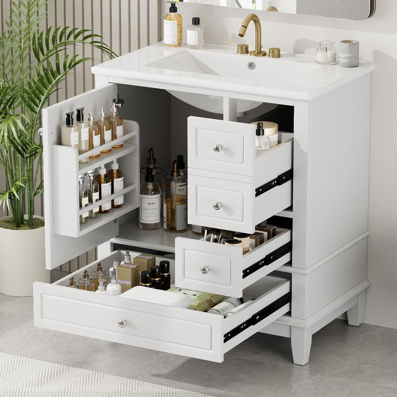 Meuble-lavabo 30 po avec lavabo, une porte avec tablette et trois tiroirs, porte à fermeture douce, blanc, Blanc