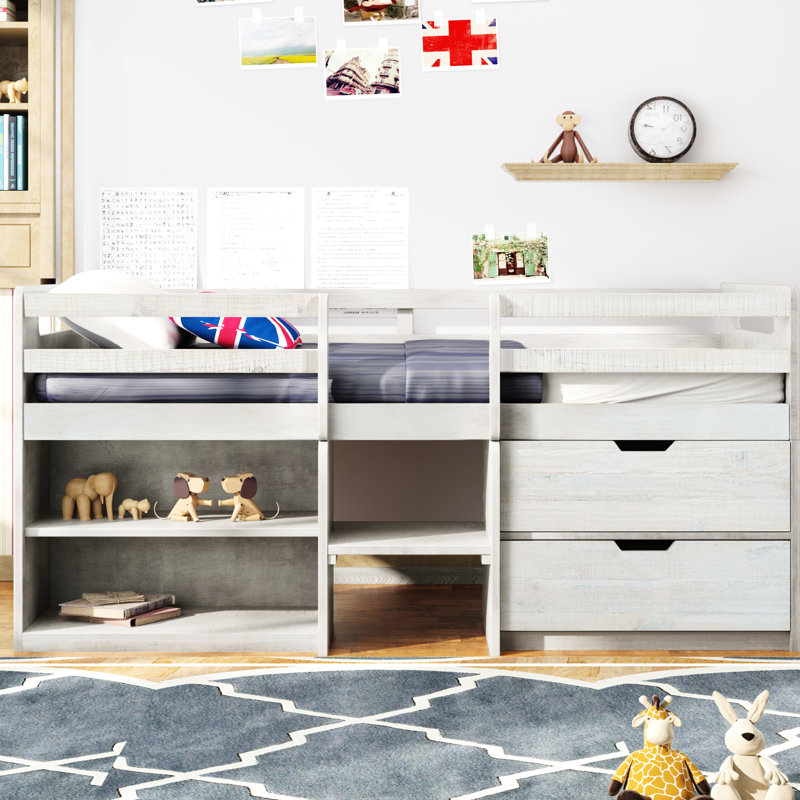 Lit mezzanine simple avec tablettes de rangement et tiroirs en blanc antique