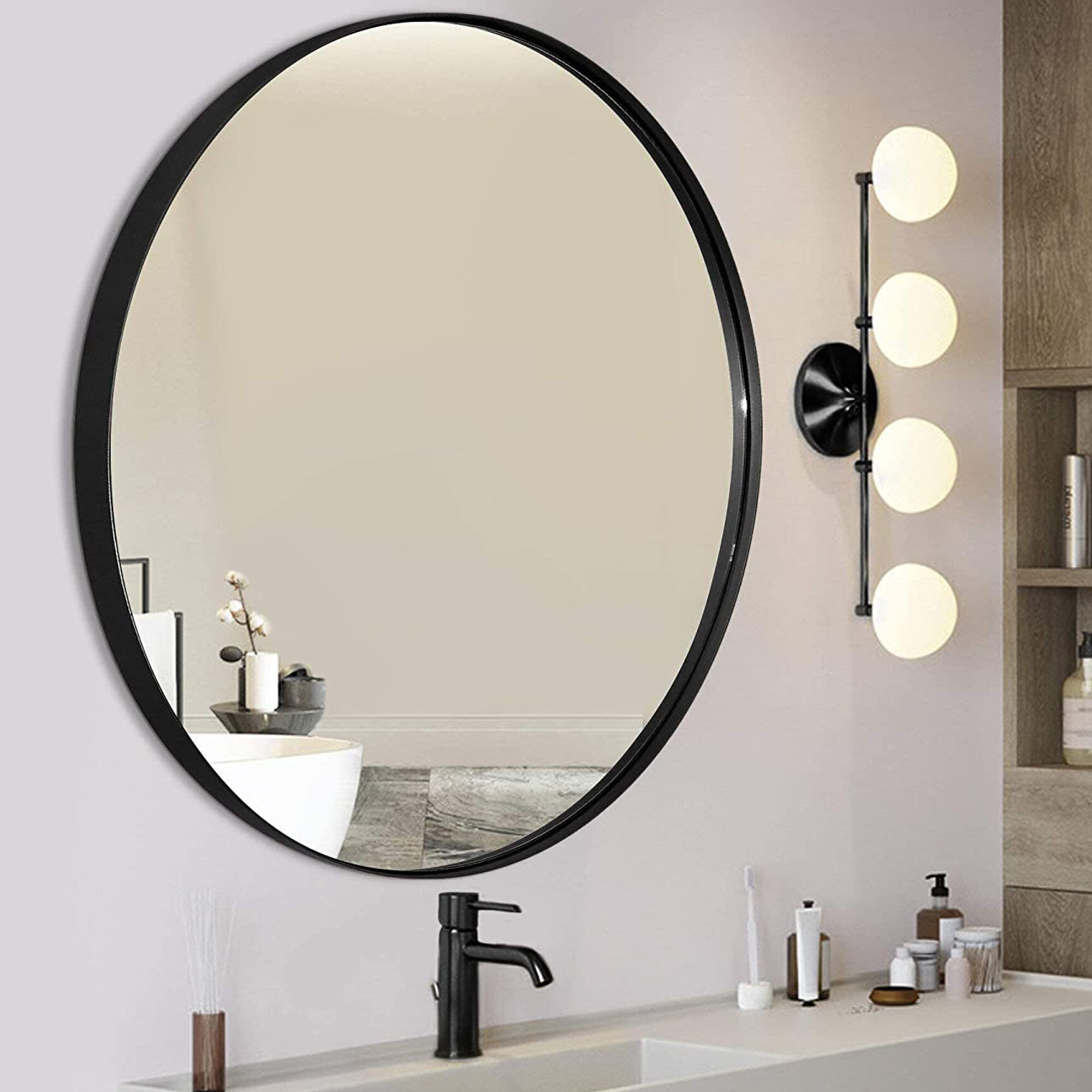 Corrigan Studio® Ishbel 32 Inch Wall Circle Mirror Large Round Black  Circular Mirror,Bathroom Make Up Vanity Mirror