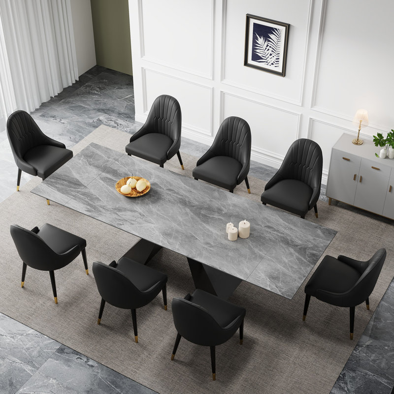 Modern Dining Set  with 110.23'' Extendable Sintered Stone Dining Table and 8 Faux Leather Dining Chairs, Italian Gray, 8